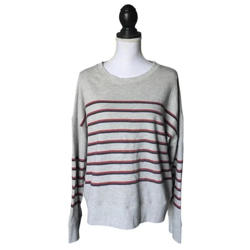Sundry Gray Navy Blue Red Striped Crew Neck Sweatshirt Sweater Size 4 XL Cotton